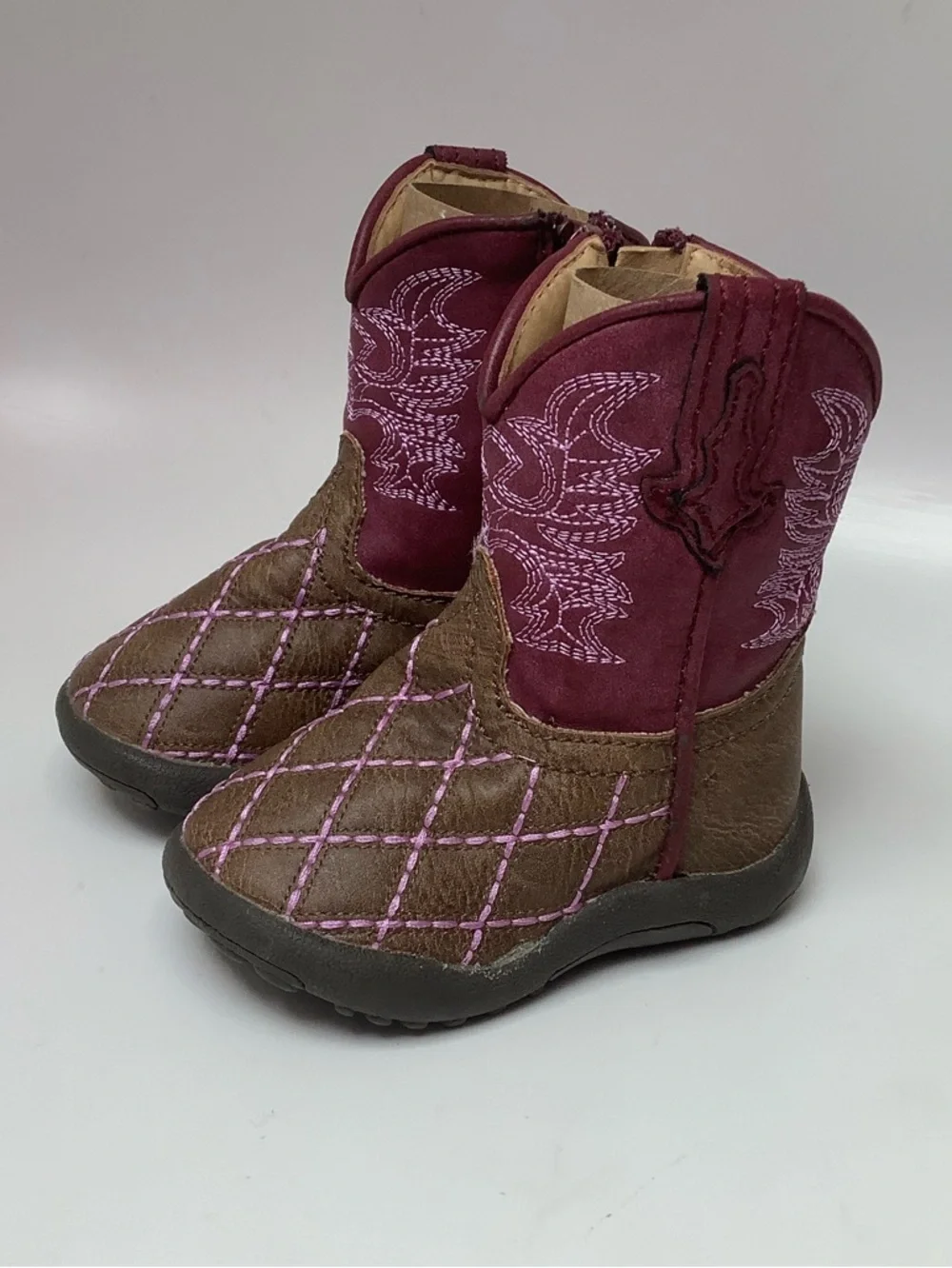 Roper Cowbabies Brown Burgundy Western-Style Boots Pink Stitching Baby Size 3